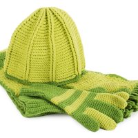close-up knitted hat, scarf and gloves set, isolated on white